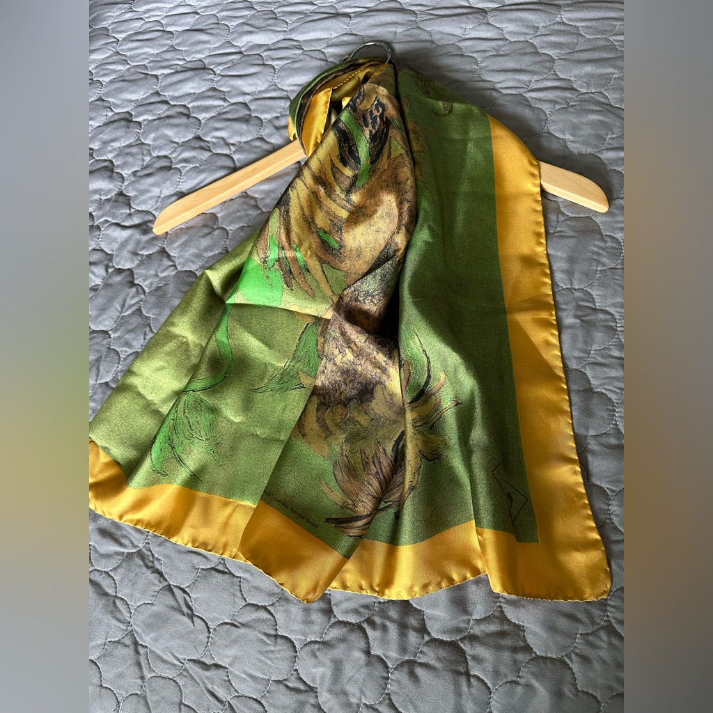 Elegant Olive Green And Yellow Gold Silk Scarf Euc Vintage